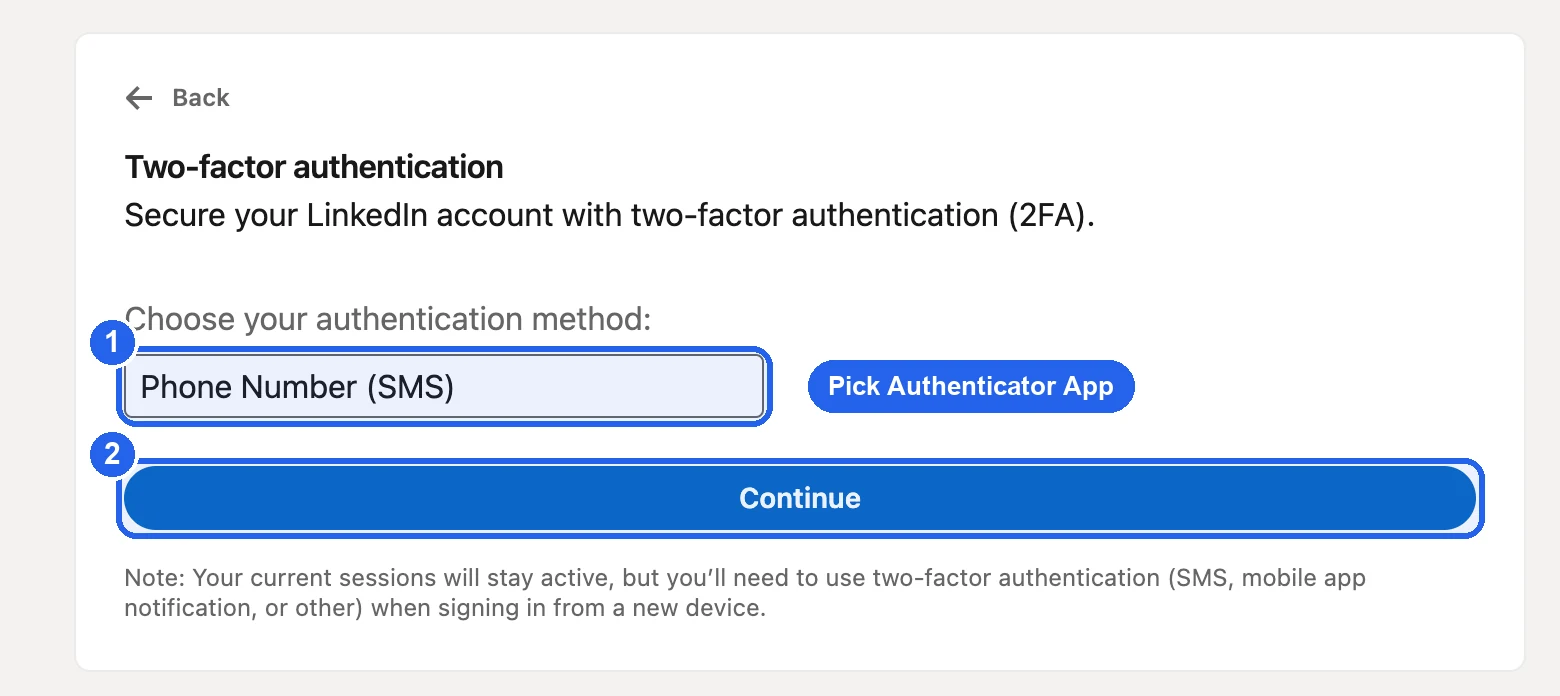 LinkedIn's method picker showing Phone Number (SMS), with a note to pick Authenticator App, and the Continue button