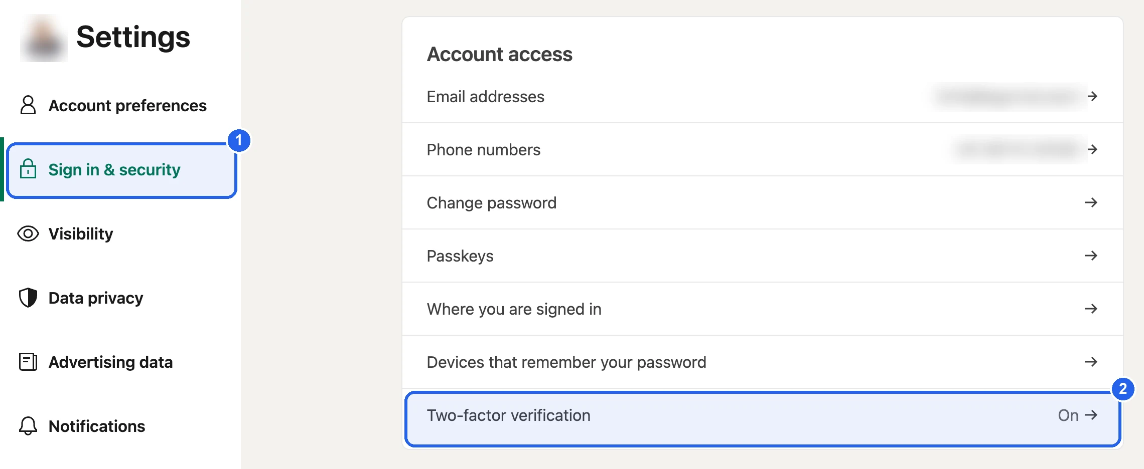 LinkedIn Settings, with Sign in and security selected and the Two-factor verification row marked